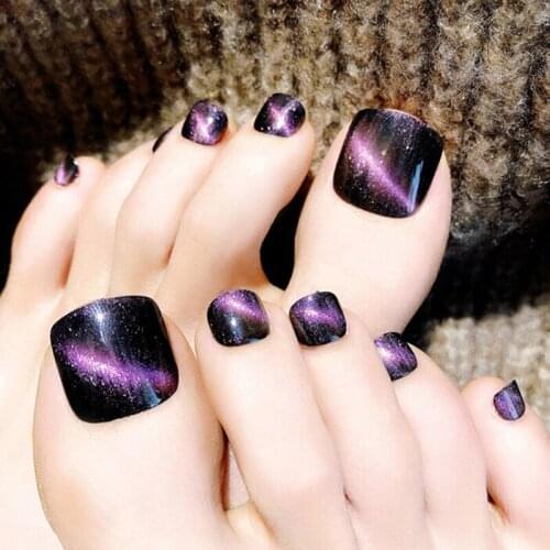 24Pcs Cat Eye Pattern Foot False Nail Tips Fake Short Toes Nails Toe Art Acrylic