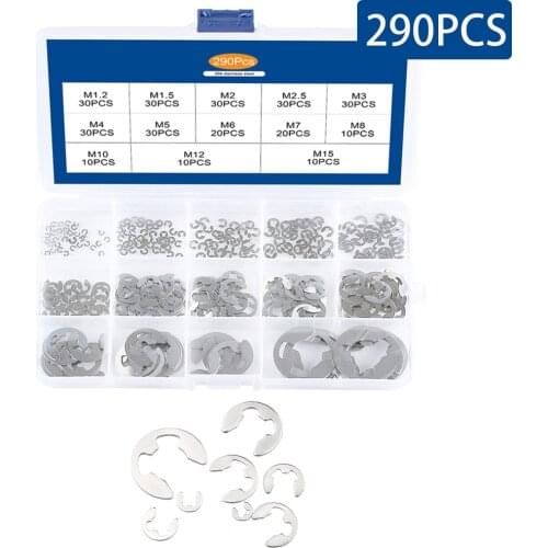 290PCS/Box E Clip Circlip Washer Assortment Kit 304 Stainless Steel 1.2-15mm External Retaining Ring Clip For Pulleys Shaft