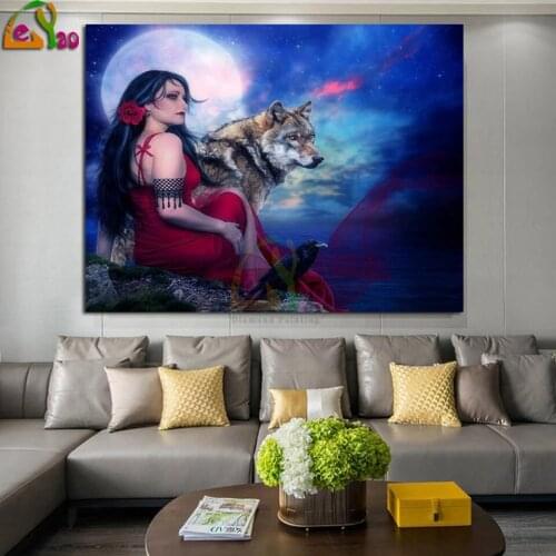 Wolf Sexy Woman Moon Landscape 5d Diamond Full Diamond Painting Cross Stitch Diamond Embroidery Animal Pattern Rhinestone Decor