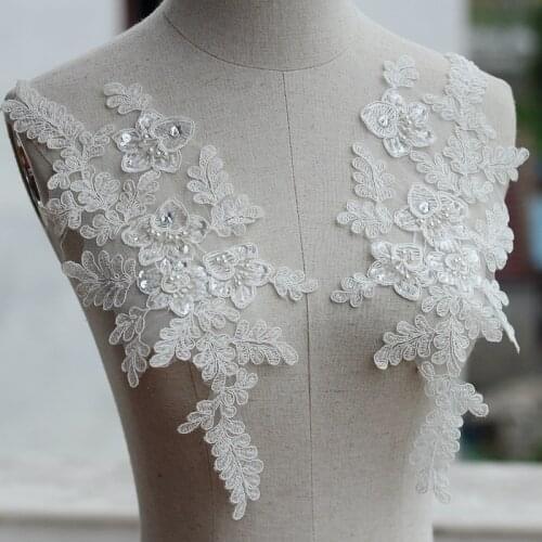 Ivory Alencon Lace Applique Beaded Sequined Patch For Wedding Supplies Bridal Hair Flower Headpiece 2 piece