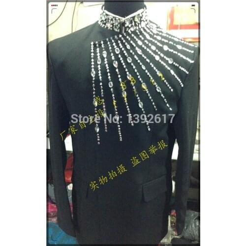 Free ship black mens mandarin collar rhinestone beading handsewing tuxedo jacket /event/stage performance/dance/sing jacket