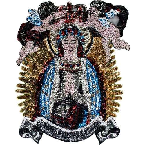 Large Sequin Fairy Virgin Mary Baby Angel Patches Embroidery Applique Brand Fashion Show Back Patches Jacket