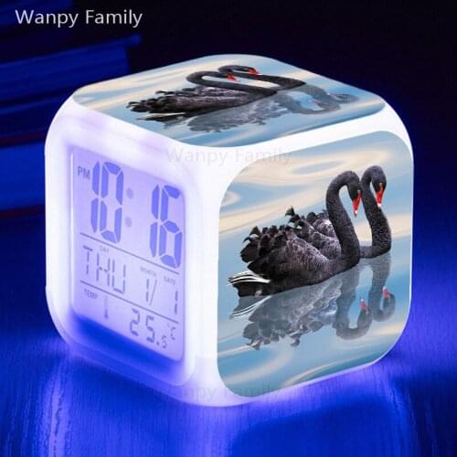 Black swan alarm clock 7 color changing multifunctional digital alarm clock Kids room LED night light flashing electronic clock