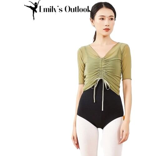 Summer Short Sleeve Mesh Ballet Shirt Women Sexy Transparent Cover Up V Neck Drawstring Dancer Practice Top Red Plus Size