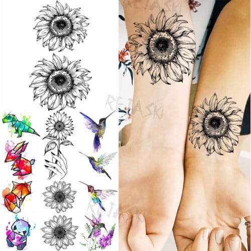 Small Black Sunflower Temporary Tattoos For Women Kids Hummingbird Animal Realistic Fake Tattoo Body Art Decoration Tatoos Paper