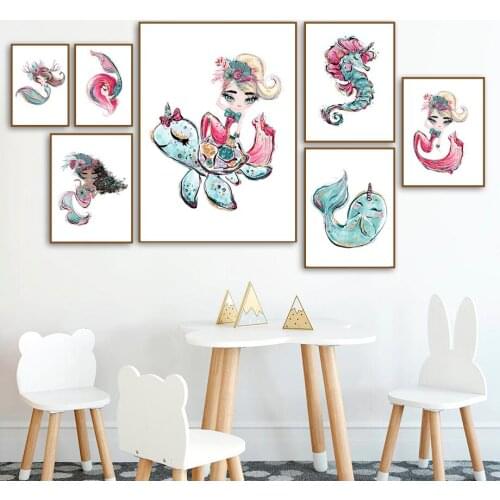 Cartoon Mermaid Girl Turtle hippocampus Wall Art Canvas Painting Nordic Posters And Prints Wall Pictures Baby child Room Decor
