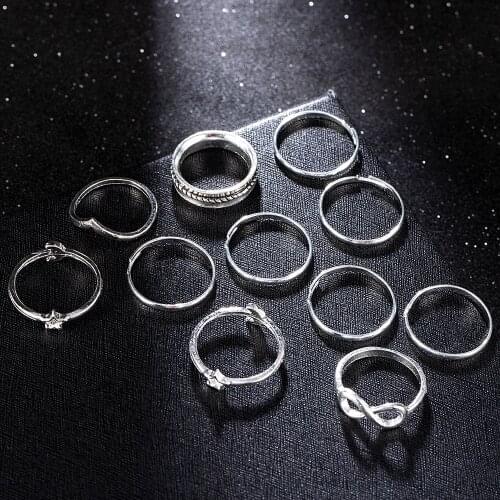 12PCs/set Women Lady Unique Finger Ring Retro Carved Toe Bow Moon Ring Foot Beach Foot Jewelry Anillos Mujer Wedding Ring Set