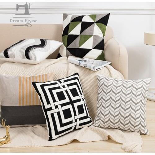 European Style Home Decoration Cushion Cover Black Gray 45x45cm Geometric Embroidery Pillowcase Soft Comfortable Living Bedroom