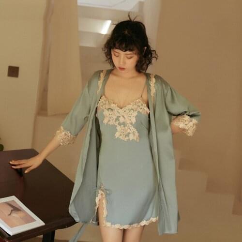 Yhotmeng pajamas woman summer sleep wear womens comfortable ice silk thin robe and sling nightdress nightgown two-piece suit