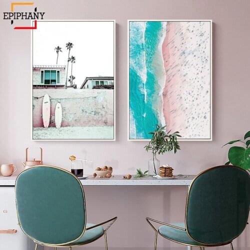 Surf Poster Beach Wall Art Canvas Painting Pink Surfboard Print California Modern Coastal Decor Wall Pictures for Living Room