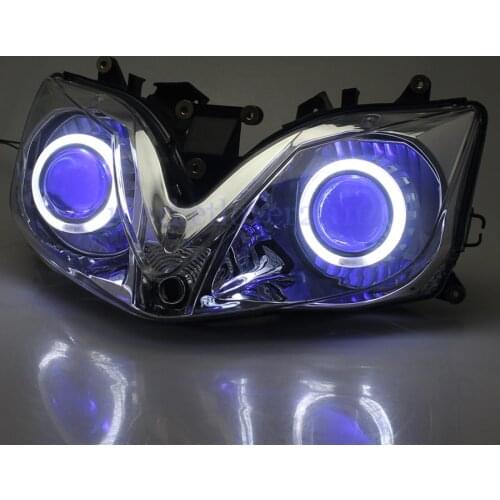 Motorcycle Fully Headlight Assembly HID Projector Head Lamp For Honda 01-07 CBR 600 F4i w/ White Angel Eyes Blue Demon Eyes DRL