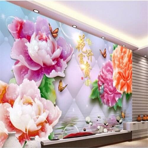 Beibehang custom mural silk cloth wall sticker 3 d riches and honor peony water rocks painting photo 3d wall murals wallpaper
