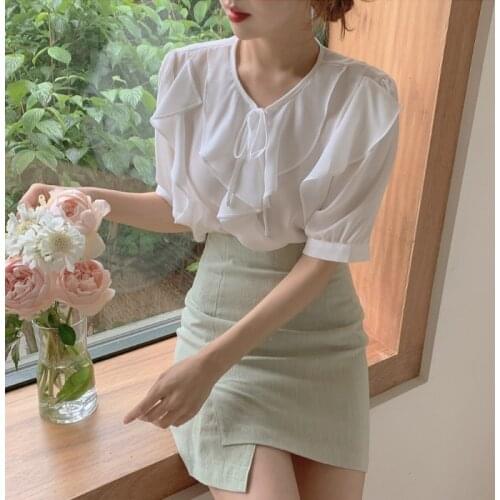 Sweet Short Puff Sleeve Women Blouses Korean Ruffled Office Lady Loose Blouses Clothing Shirt Fashion Beige Casual Top Plus size