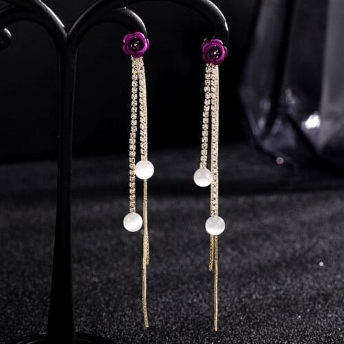 Zeojrlly Metal Ethnic Water Drop Women Dangle Earrings Long Purple Rose Tassel Earrings Korean Earrings female jewelry