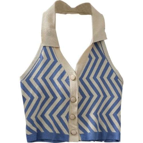 2000s Aesthetic Sexy Halter Camis Tank Tops Cropped Women Summer Button Up Stripes Vest Off Shoulder Sleeveless Knit Crop Top