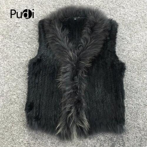 VR033 Women Genuine Natural Real Rabbit Fur Knitted Vests /Waistcoat/ Gilet /coats With Tassels Raccoon Fur Collar