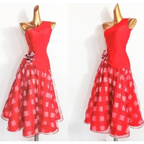 Red Sleeveless Stitching Women Ballroom Dance Dress For Dancing Clothes Rumba Costumes Ball Gown Waltz Dress