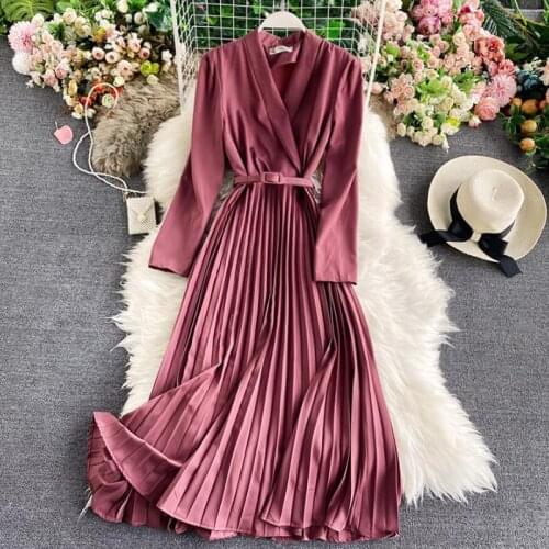 Vintage Long Dress Popular Full Sleeve 2021 Autumn New Long sleeve V-neck Slim Fashion A-Line Pleated Women Dress Elegant Robe