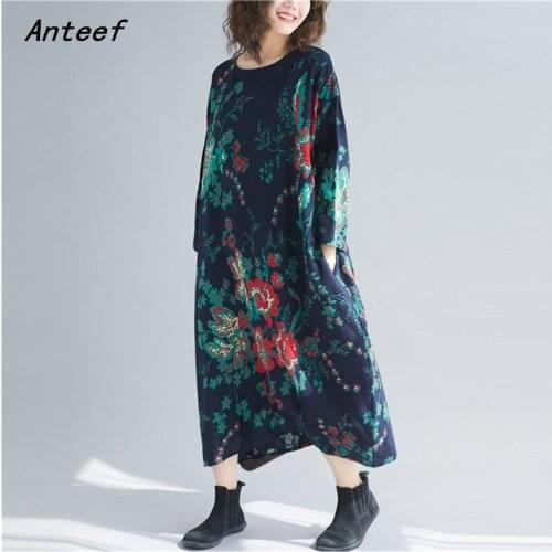Long sleeve cotton linen plus size Oversized vintage floral dresses for women casual loose autumn elegant dress clothes 2021