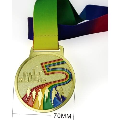 1PCS Dia 70MM City Marathon Sports Gold Color Medals with Ribbon Soft Enamel Running Medal