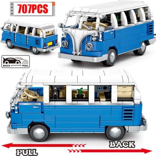707PCS City Technical MOC Pull Back Classic Bus Car Building Blocks Creator Mechanic School Bus Vehicle Bricks Toys For Children