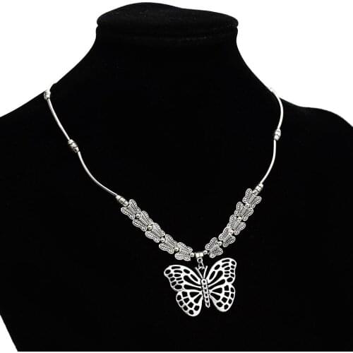 Gypsy Ethnic Hollow Metal Flower Butterfly Pendants Necklaces Vintage Jewelry Bohemian Tibetan color Chain Necklaces For Women