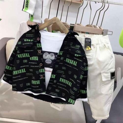 Childrens Clothes 2021 Autumn Boys Long-Sleeved lapel Clothes 2-6Y Kids Denim Coat+T-Shirt +Pants 3 Pcs Sets Casual Sports Suit