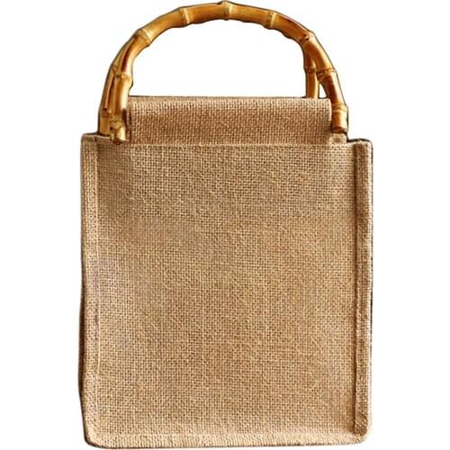 Retro Jute Tote Bag Reusable Travel Shopping Bag Biodegradable Fruit Vegetable Sundry Burlap Bags with Curved Bamboo Handgrip