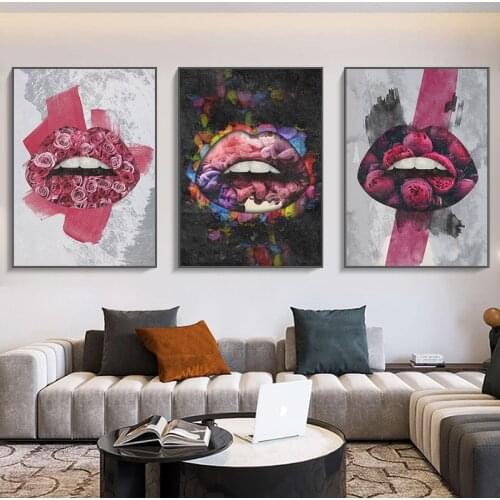 Sexy Colorful Floral Lips Canvas Painting Pop Wall Art Prints and Poster for Living Home Room Decor Bedroom Decoration Paintings