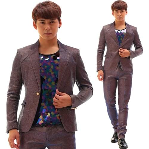 Blue Purple Gradual Change Flash Powder Suit Pants Set Dj Ds Nightclub Male Singer Cotton Slim Popular Costume