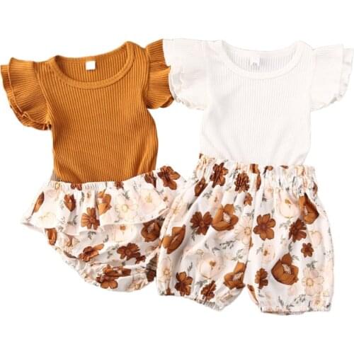 0-24M Newborn Infant Baby Girls Boys Clothes Sets Solid Ruffles Sleeve Romper Tops+Floral Shorts 2pcs
