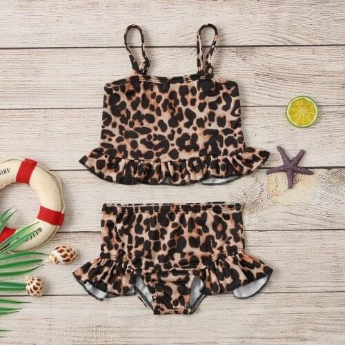 TELOTUNY Swimwear Baby Kids Girls Ruffle Leopard Print Straps Swimsuit Tops Shorts Swimwear Set Two-Piece Swimsuit Bikini set