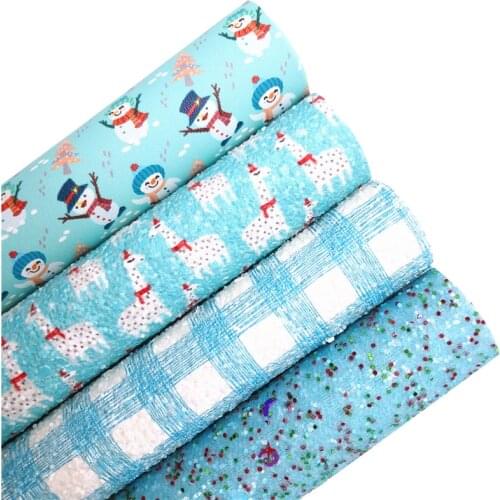 Lama Plaids Printed Chunky Glitter Leather Fabric Snowman Printed Synthetic Leather Faux Leather For BOWS DIY 21X29CM G543
