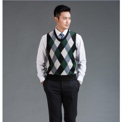 Hot Sale Mens Autumn Fashion Argyle Sleeveless Sweater V Neck Man Woo Clothes Knit Vest