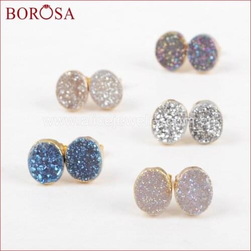 BOROSA Fashion Oval Druzy Earrings,Gold Color Natural Drusy Crystal Titanium Rainbow Druzy Stud Earrings Gems for Women G1276