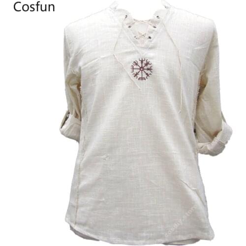 Medieval Viking Pirate Costume Linen Tops Shirt Men Nordic Cotton Long Sleeves Outfit Halloween Cosplay Lace Up V Neck For Adult