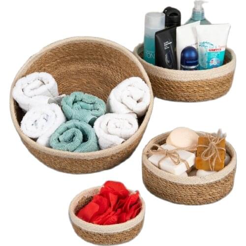 Natural Round Cream Striped Wicker Basket Lux Organizer 4 Sizes Bathroom and Home Decor Storage and Organizing Product
