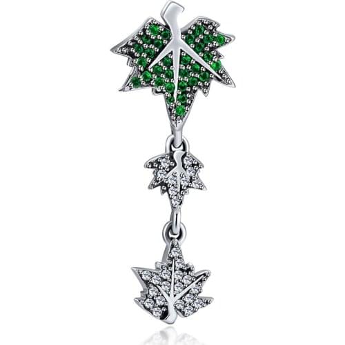 Fits for Pandora Beads Bracelets Sparkling Leaves Charms 100% 925 Sterling Silver Jewelry with Green CZ Free Shipping