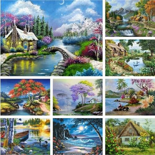 Hand Embroidery Lake And Village Scenery Diamond Painting Cross Stitch Pattern For Wall Decoration