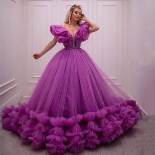Sexy Elegant Exquisite Purple Women Dress Deep V-Neck Tulle Ruffle Layered Summer Dress Floor Length Ballgown Custom Made