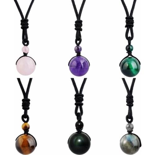 TUMBEELLUWA 16mm Round Bead Crystal Healing Reiki Gem stone Pendant Cord Necklace for Women Men