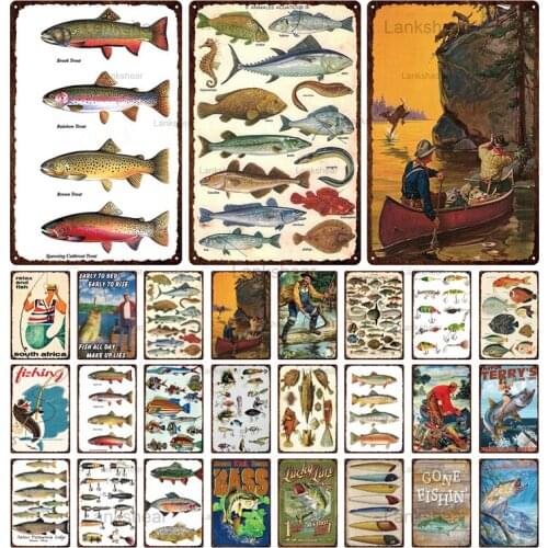 Vintage Fishing Metal Sign Fishing Site Doorplate Retro Fish Type Tin Plate Plaque Bar Club Wall Fishing All Day Farm Home Decor