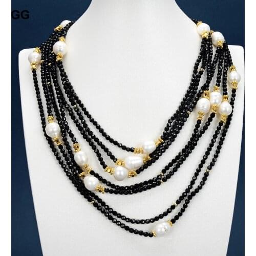 GG Jewelry 18'' 7 Rows Natural Black Onyx White Rice Pearl Gold Plated Connector Necklace For Women
