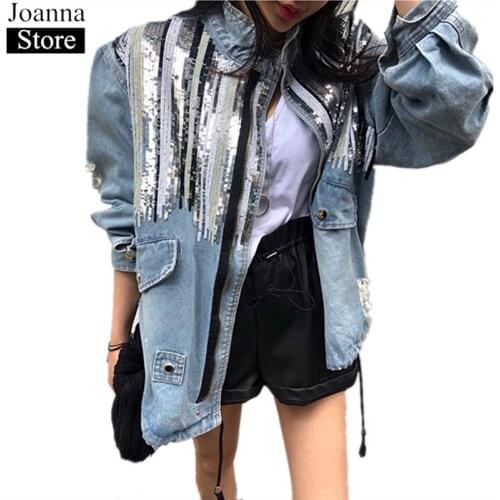 Spring New Sequin Stitching Short Denim Jacket Women Long Sleeve Hole Drawstring Jeans Coat Stand Collar Casual Oversize Clothes