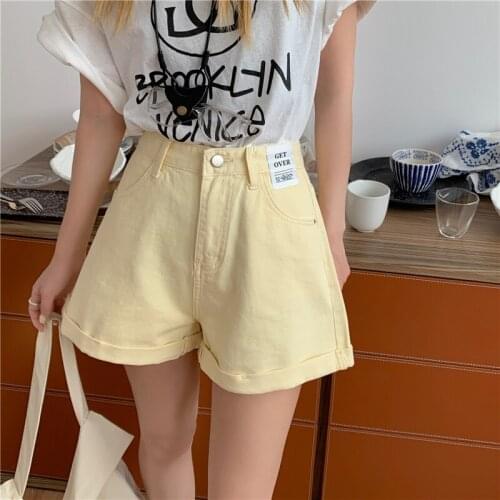 Candy Color Summer Shorts Women High Waist Buttons Wide Leg Short Pants Loose Casual Crimping Denim Jeans Shorts Streetwear
