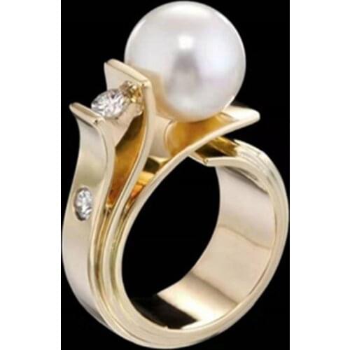 Ofertas Trendy New Design Gray Simulated Pearl Finger Rings for Women Luxury Wedding Band Filled Rhinestone Engagement Jewelry