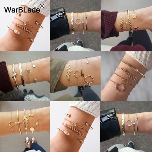 4pcs/Set Fashion Crystal Multilayer Bracelets Bohemia Leaf Knot Hand Cuff Link Chain Charm Bracelet Bangle Women Party Jewelry