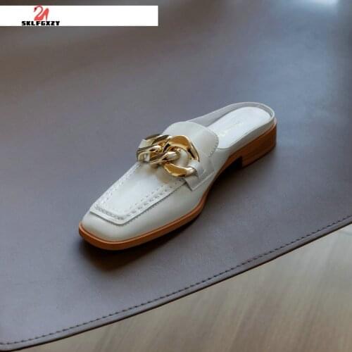 SKLFGXZY 2021 Newest Genuine Leather Slipper Women Shoes Thick Heel Metal Decoration Low Heel Casual Shoes Women Slipper Mules