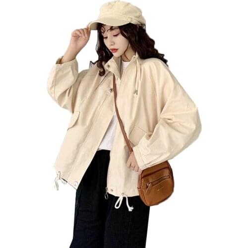 Womens Short Trench Coat Tooling Coats Female 2020 Autumn New Korean Version Stand Collar Loose Casual Zipper Coat Outerwear