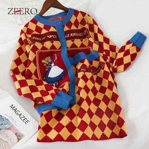 Autumn Knitted 2 Pieces Set Women Plaid Single Buttons Sweater Cardigan + Mini Bodycon Skirts Set Ladies 2PCS Suit Matching Sets